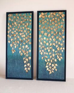 Картина ручной работы с объемными золотыми листьями березы на бирюзовом фоне диптих